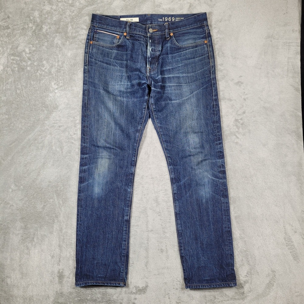 Gap Jeans Mens 34x34 Fits 35x31 Blue 1969 Japanese Selvedge Slim Fit Button Fly